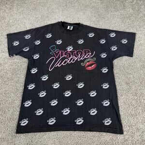 Vintage Victor Victoria Shirt Mens XL Black Lips Mustache All Over Print 90s